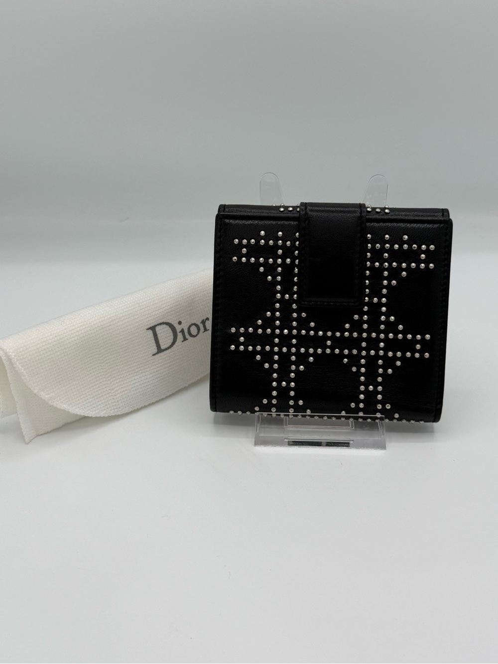 Christian Dior Black Leather Studded Compact Wallet